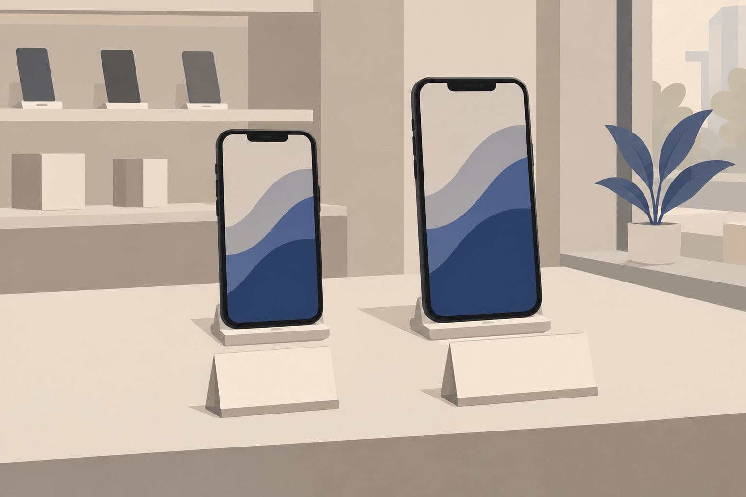Deux smartphones sur un comptoir avec deux étiquettes de prix vierges de tailles différentes.