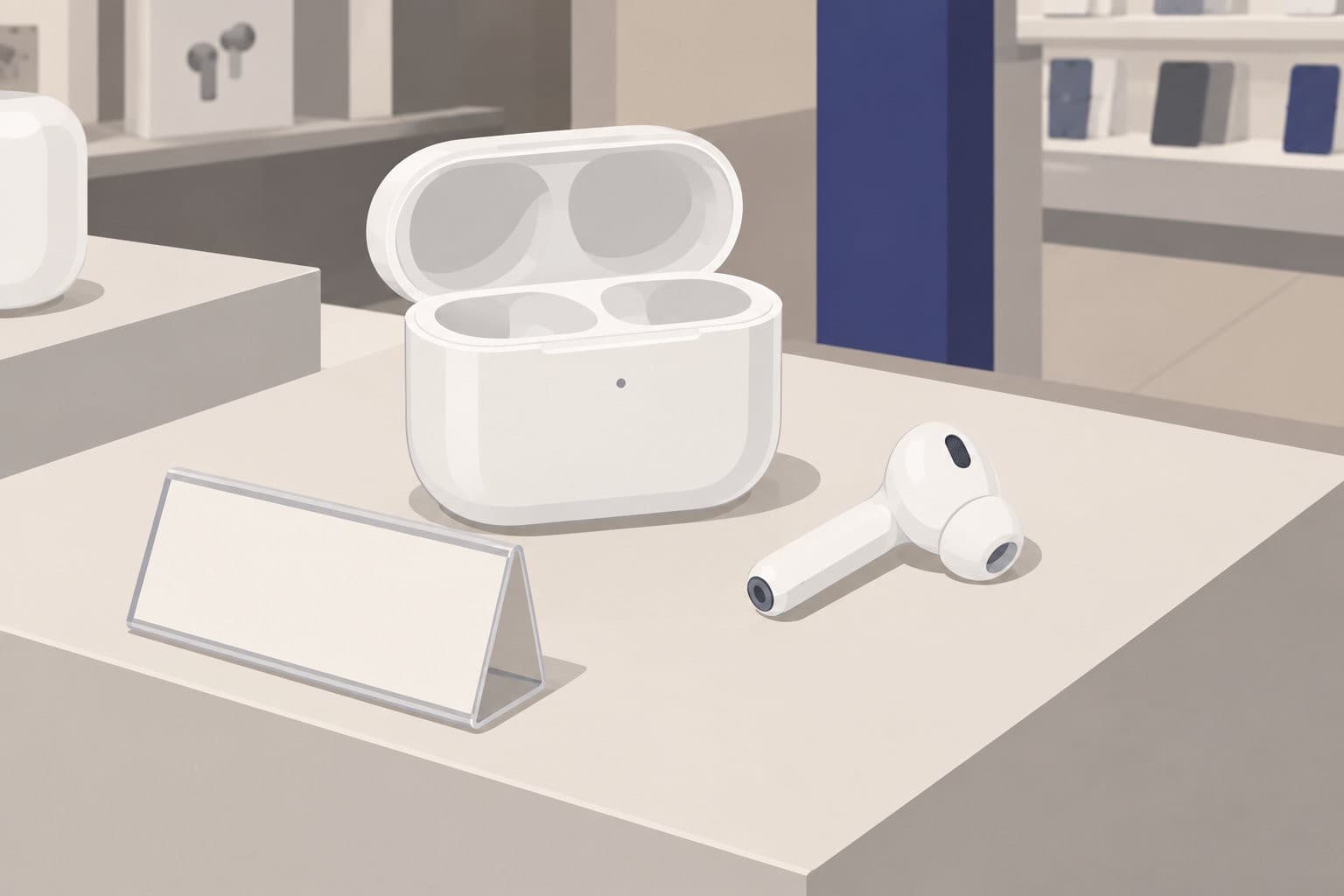 Boîtier de recharge blanc vide sur un présentoir, un écouteur sans fil à côté.