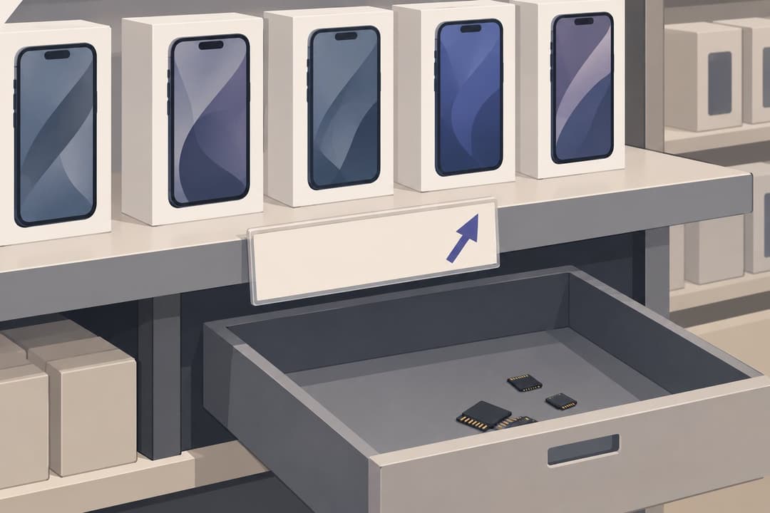 Étagère de smartphones, étiquette à flèche montante, tiroir de puces mémoire presque vide.