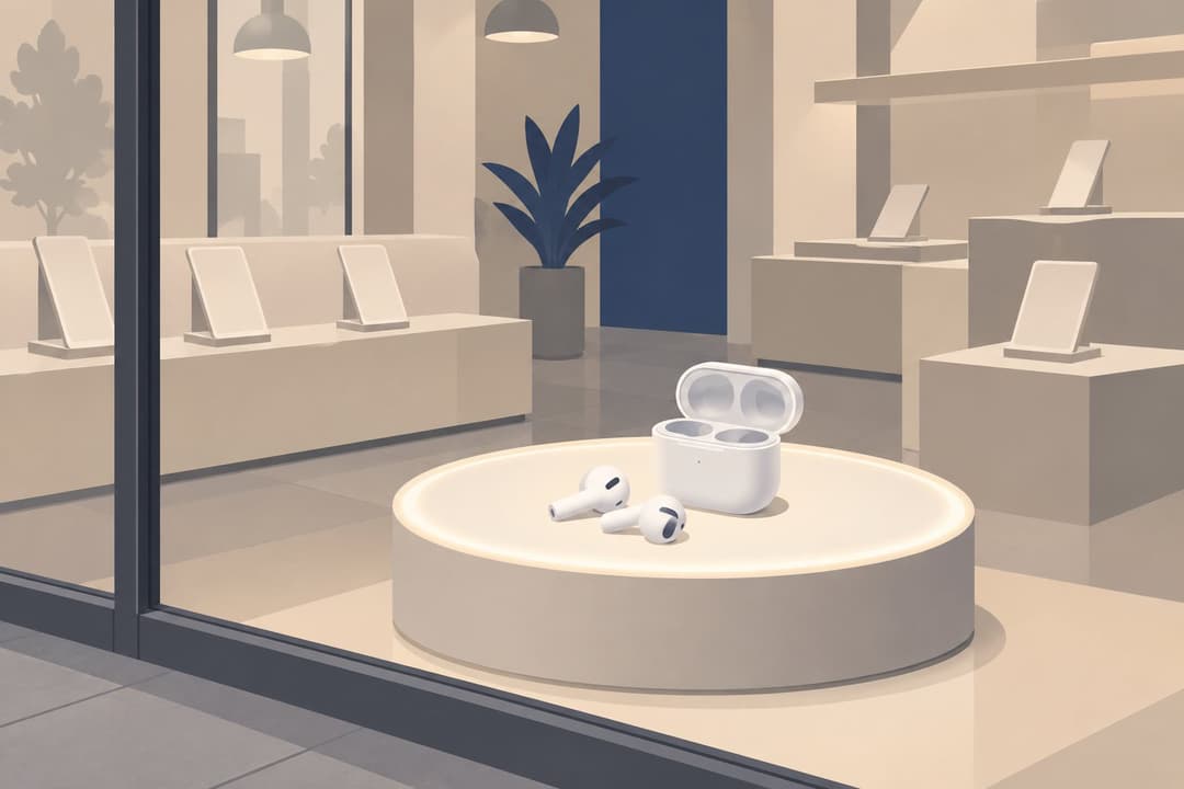 Vitrine de boutique avec présentoirs vides et écouteur sans fil posé.