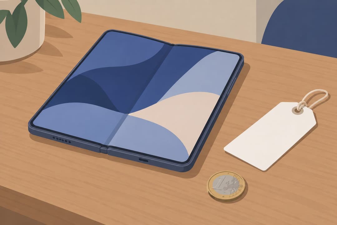 Smartphone pliable ouvert près d'une étiquette de prix blanche vierge.