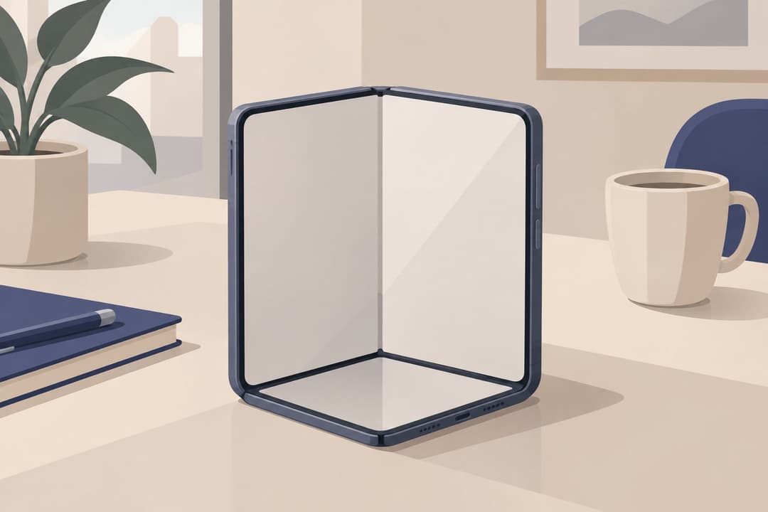 Un smartphone pliable ouvert à angle droit sur une table, écrans vierges.