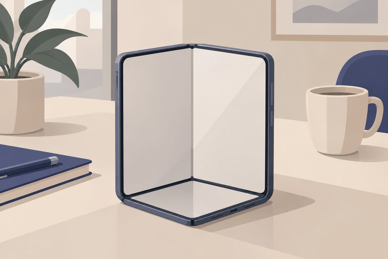 Un smartphone pliable ouvert à angle droit sur une table, écrans vierges.