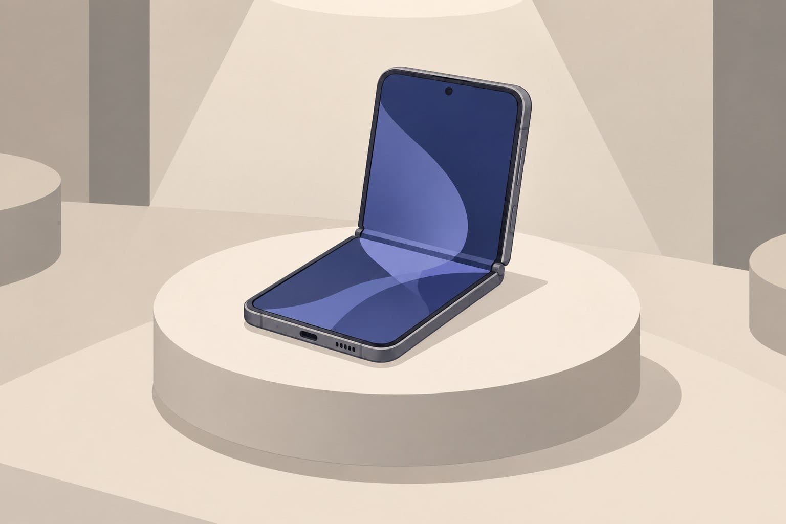 Un smartphone pliable sur un socle rond, charnière centrale visible, éclairage d'exposition.