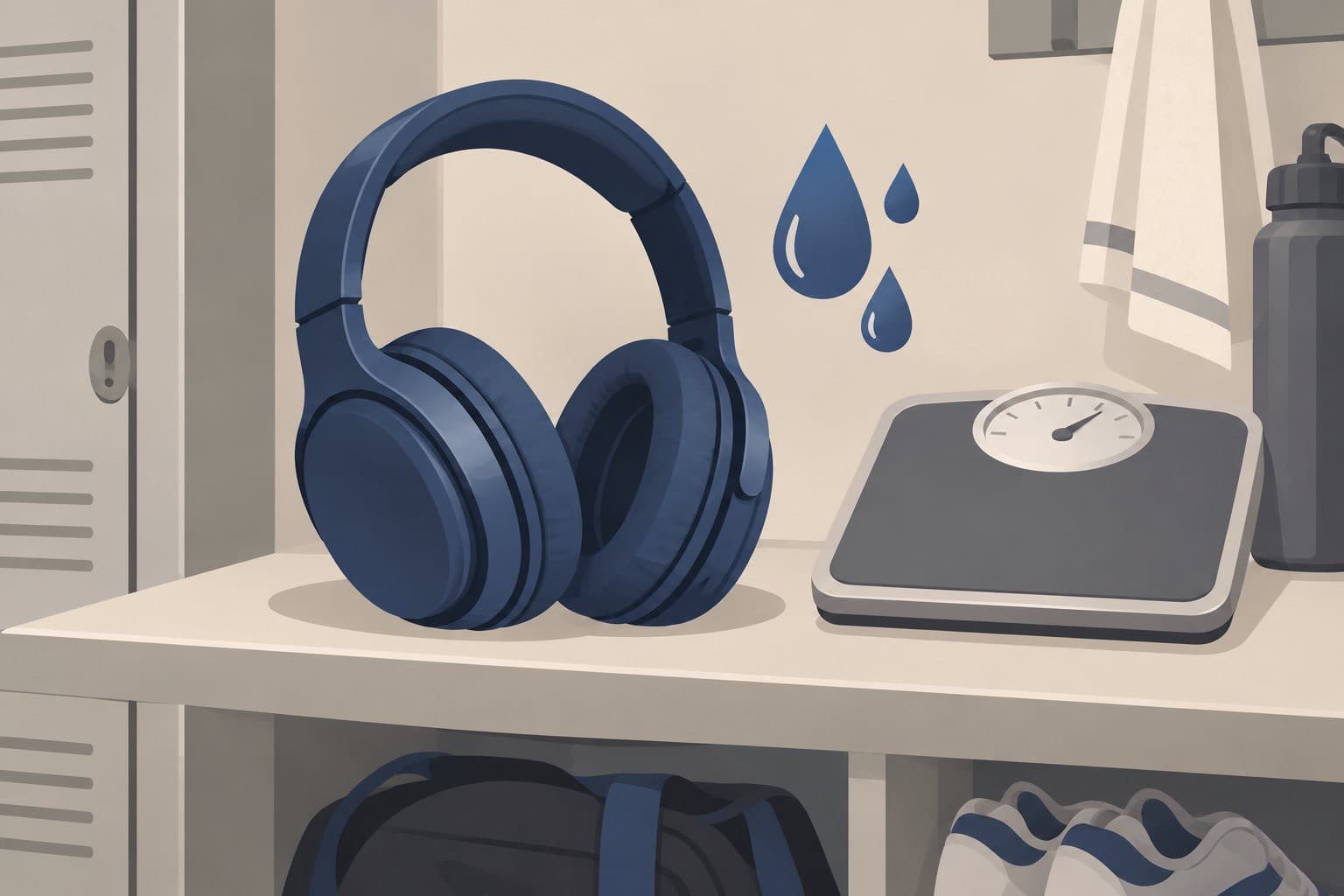 Casque audio posé sur une étagère avec des gouttes d'eau stylisées.
