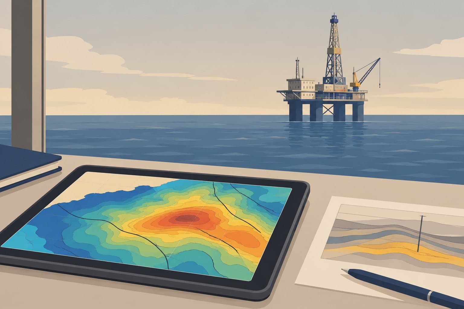 Plate-forme pétrolière en mer et tablette affichant une carte géologique colorée.