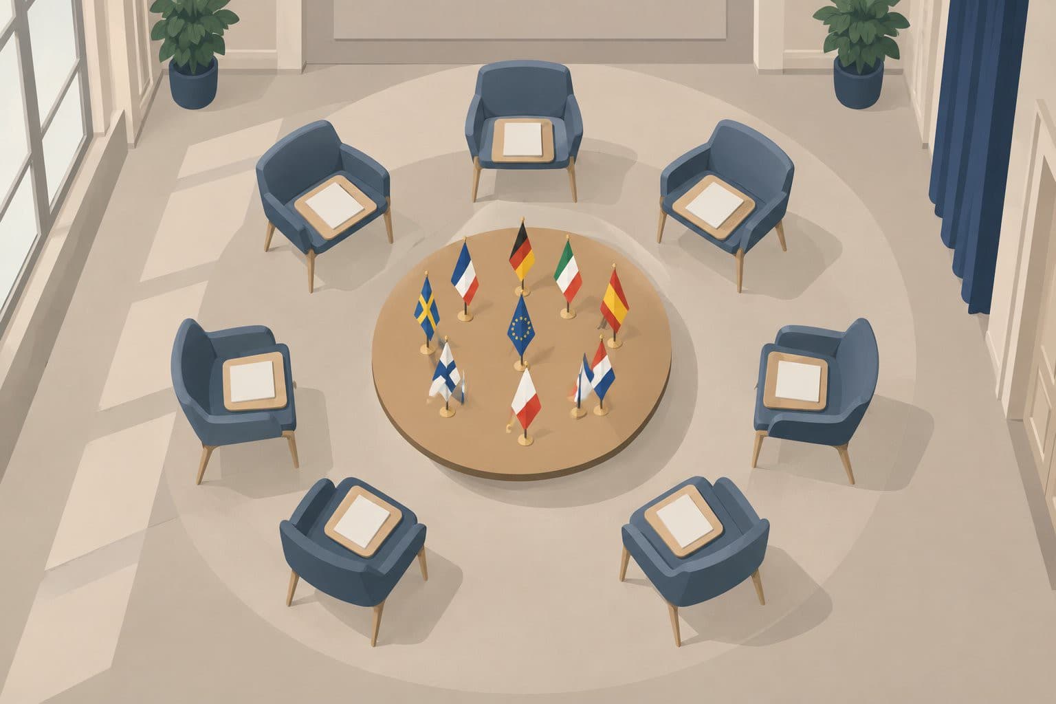 Cercle de chaises avec tablettes vierges et neuf petits drapeaux sur une table.