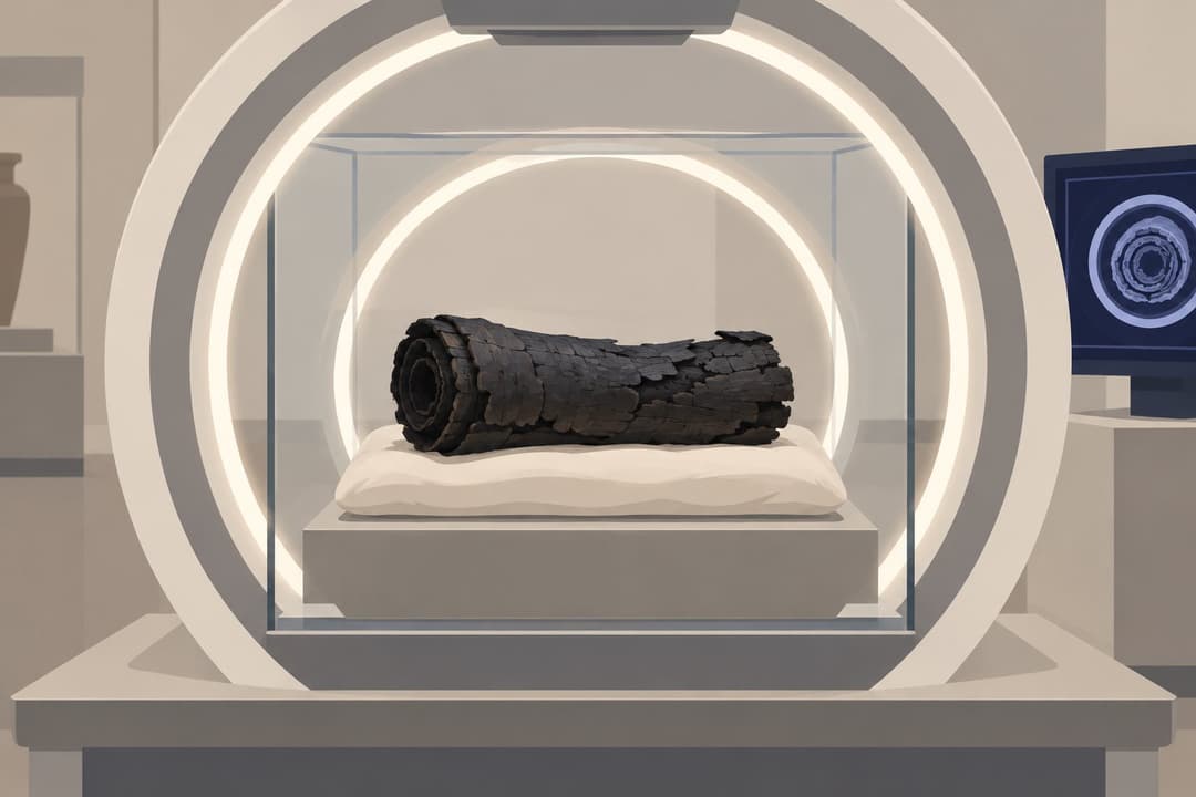 Rouleau de papyrus carbonisé sous un scanner circulaire, dans une vitrine.