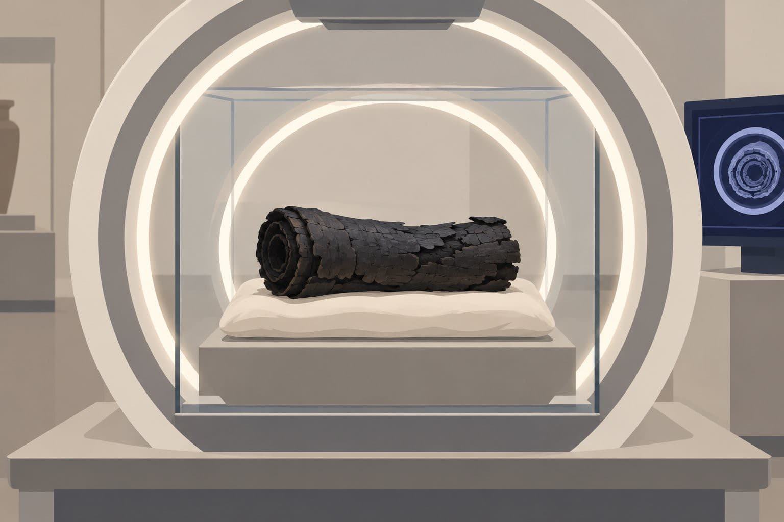 Rouleau de papyrus carbonisé sous un scanner circulaire, dans une vitrine.