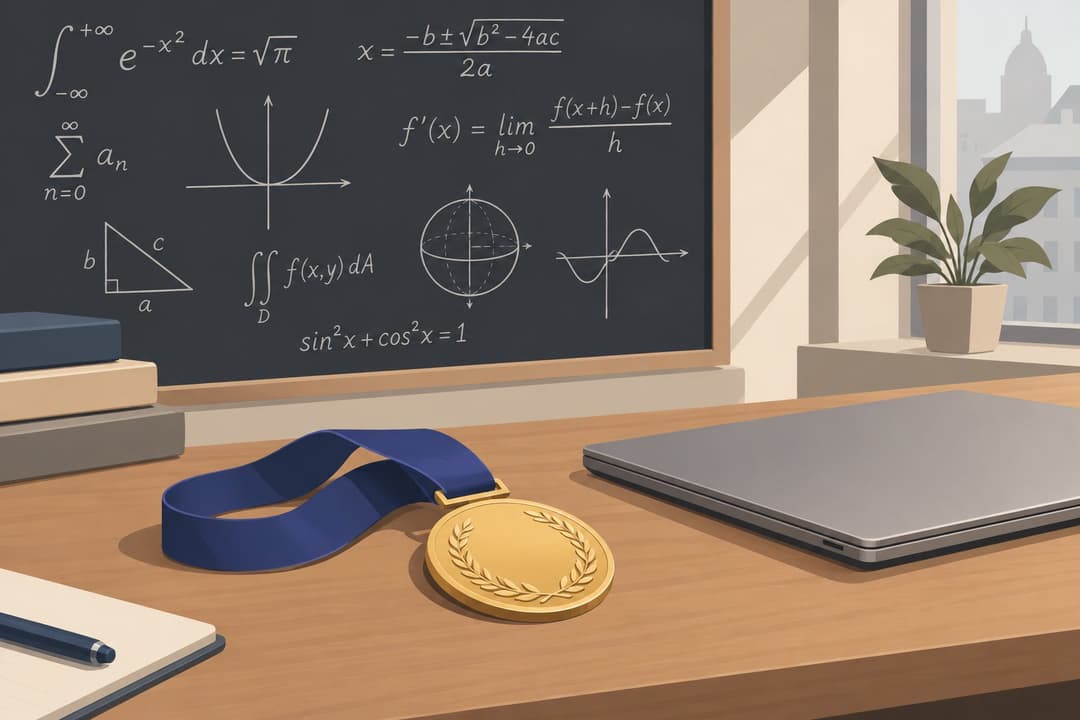 Tableau noir d'équations, médaille dorée sur un bureau, ordinateur portable fermé.
