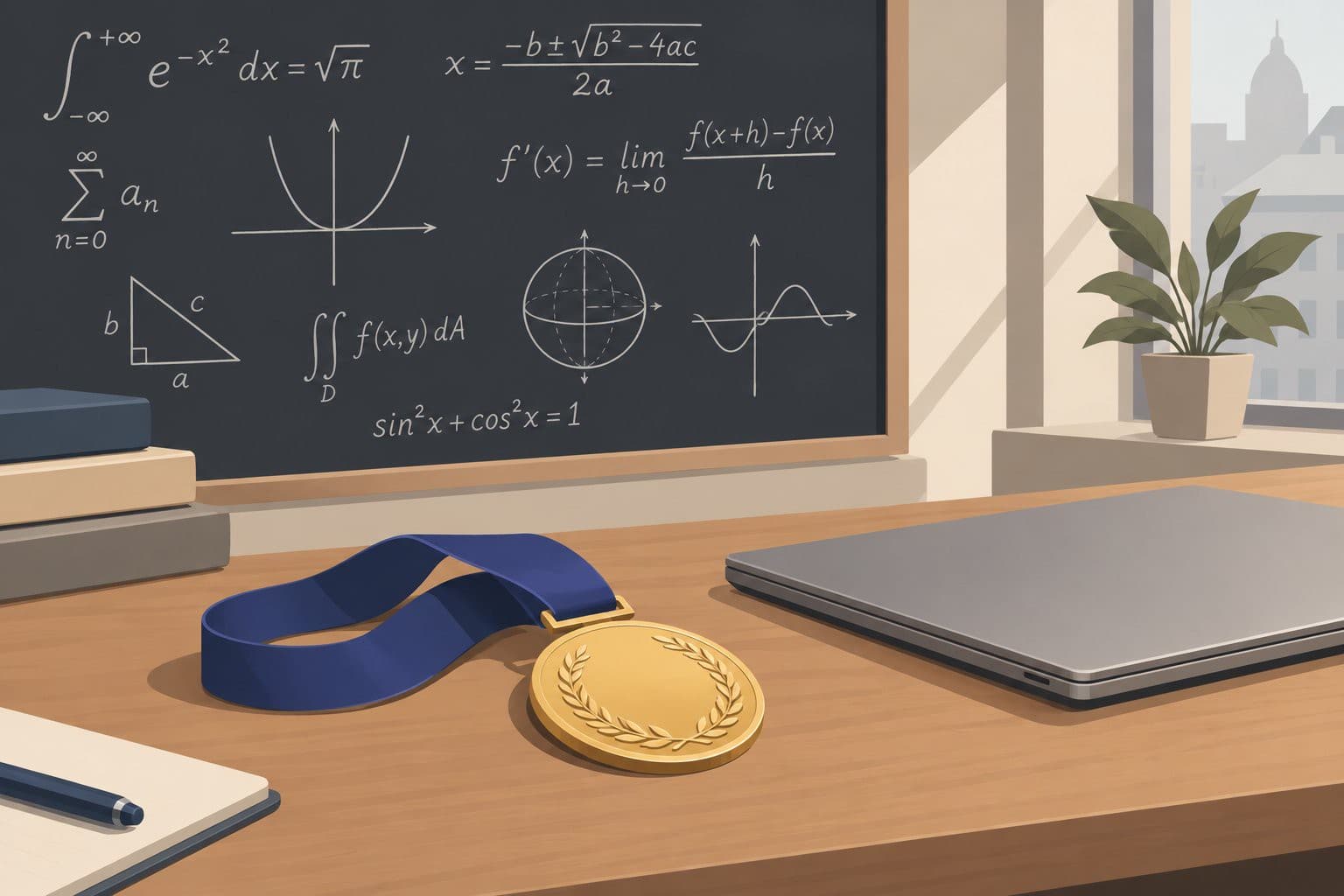 Tableau noir d'équations, médaille dorée sur un bureau, ordinateur portable fermé.
