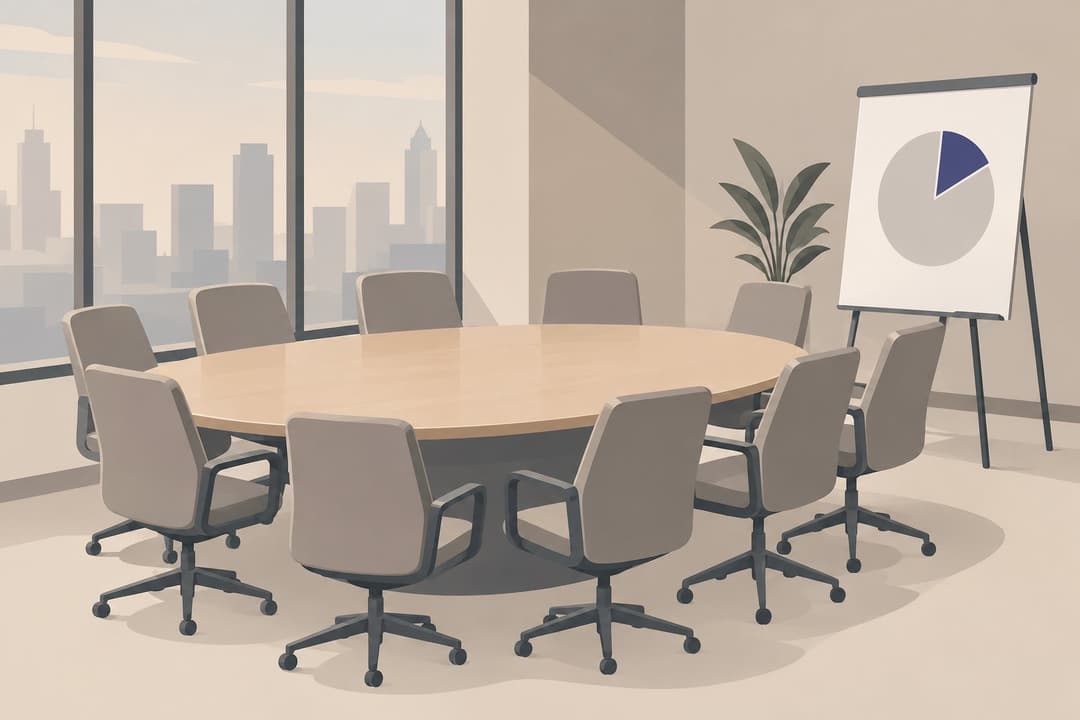 Salle de conseil vide, table ovale, diagramme circulaire avec une petite part colorée distincte.