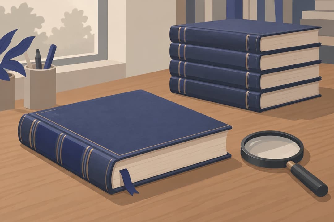 Un manuscrit relié sur une table en bois avec une loupe posée à côté.
