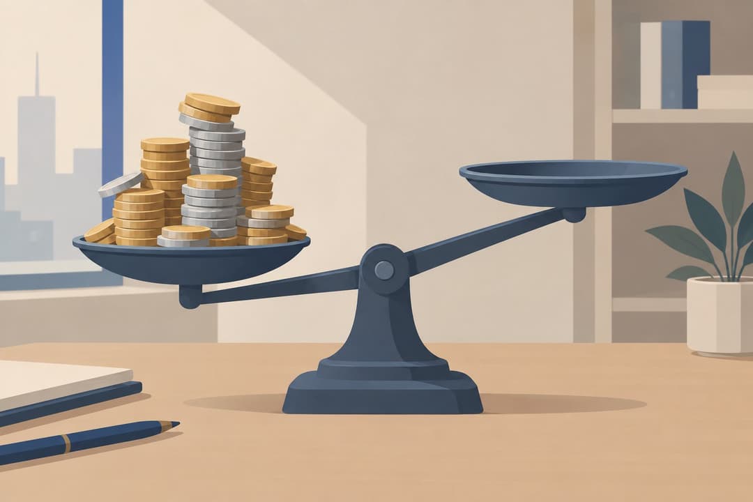 Balance à plateaux, un côté surchargé de pièces, l'autre vide.