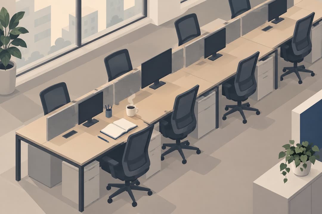 Rangée de bureaux vides, un seul bureau occupé par une tasse et un cahier.