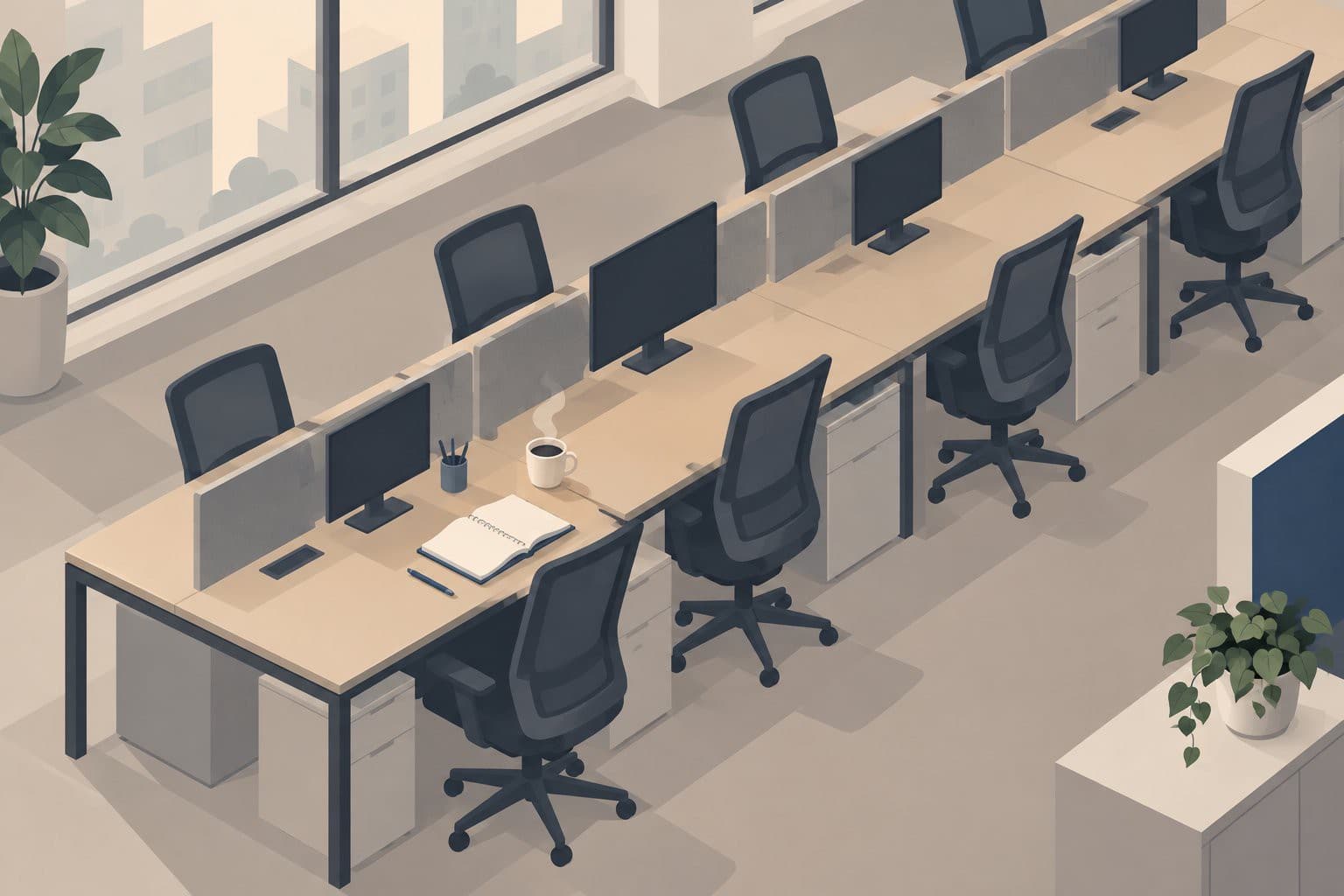 Rangée de bureaux vides, un seul bureau occupé par une tasse et un cahier.