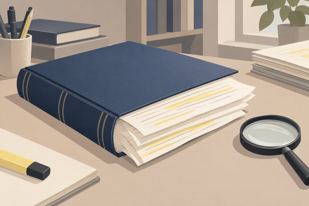 Manuscrit avec pages surlignées en jaune, loupe posée sur un bureau.