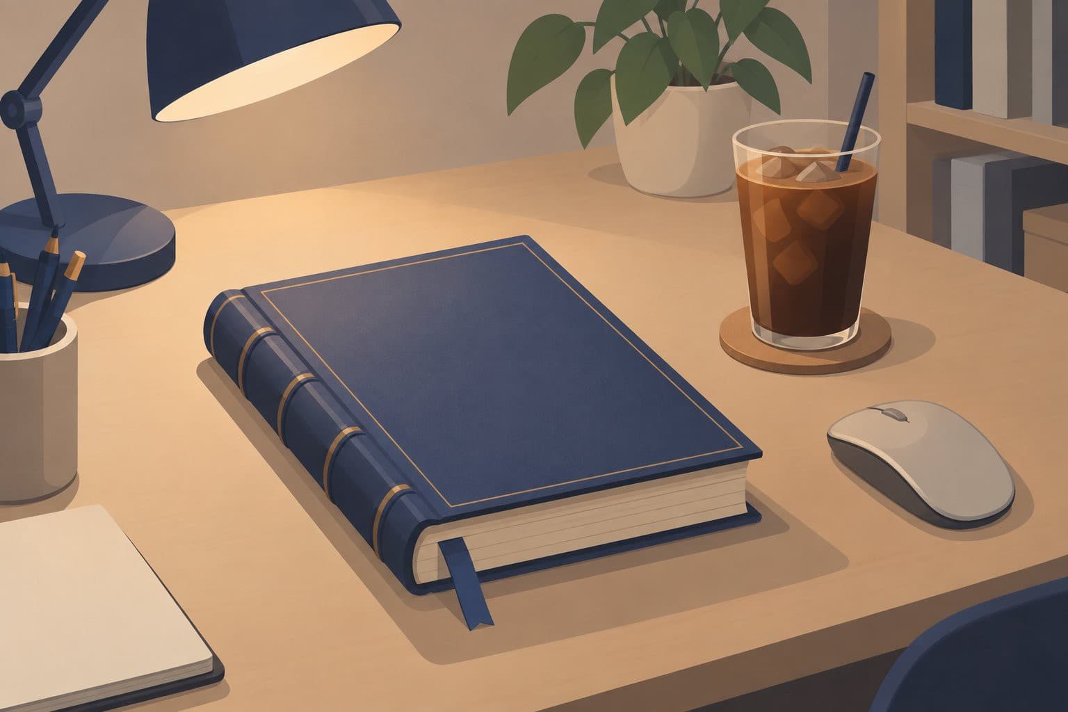 Manuscrit relié sur un bureau, souris d'ordinateur et tasse de café.