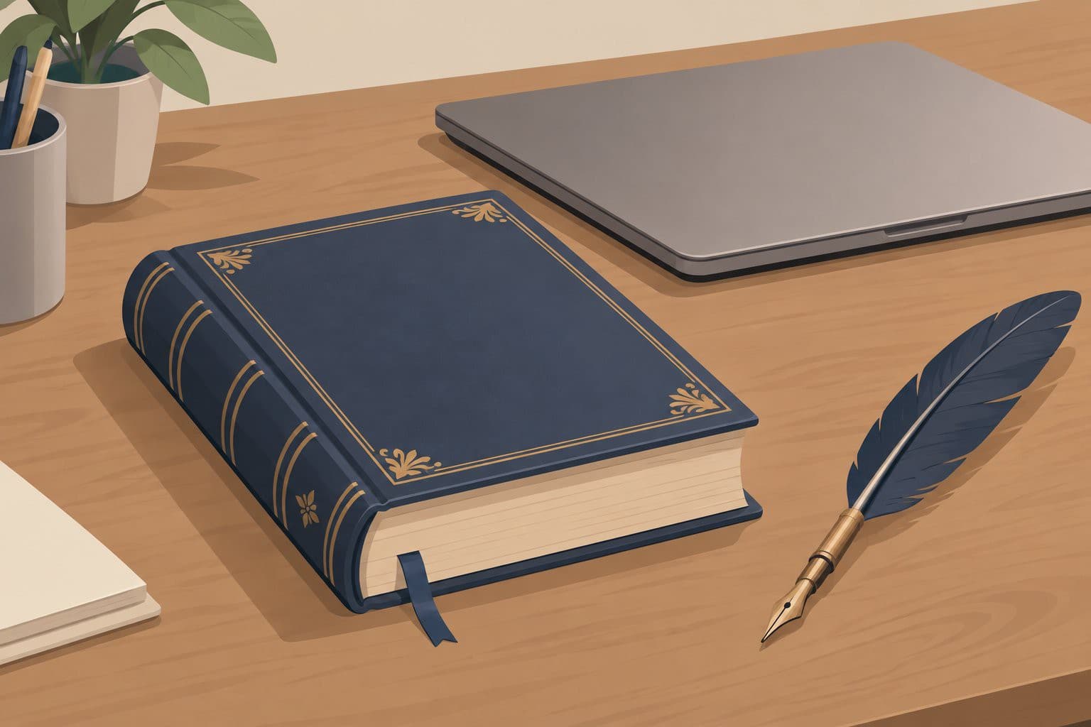 Manuscrit relié sur un bureau, plume posée à côté, ordinateur portable fermé derrière.
