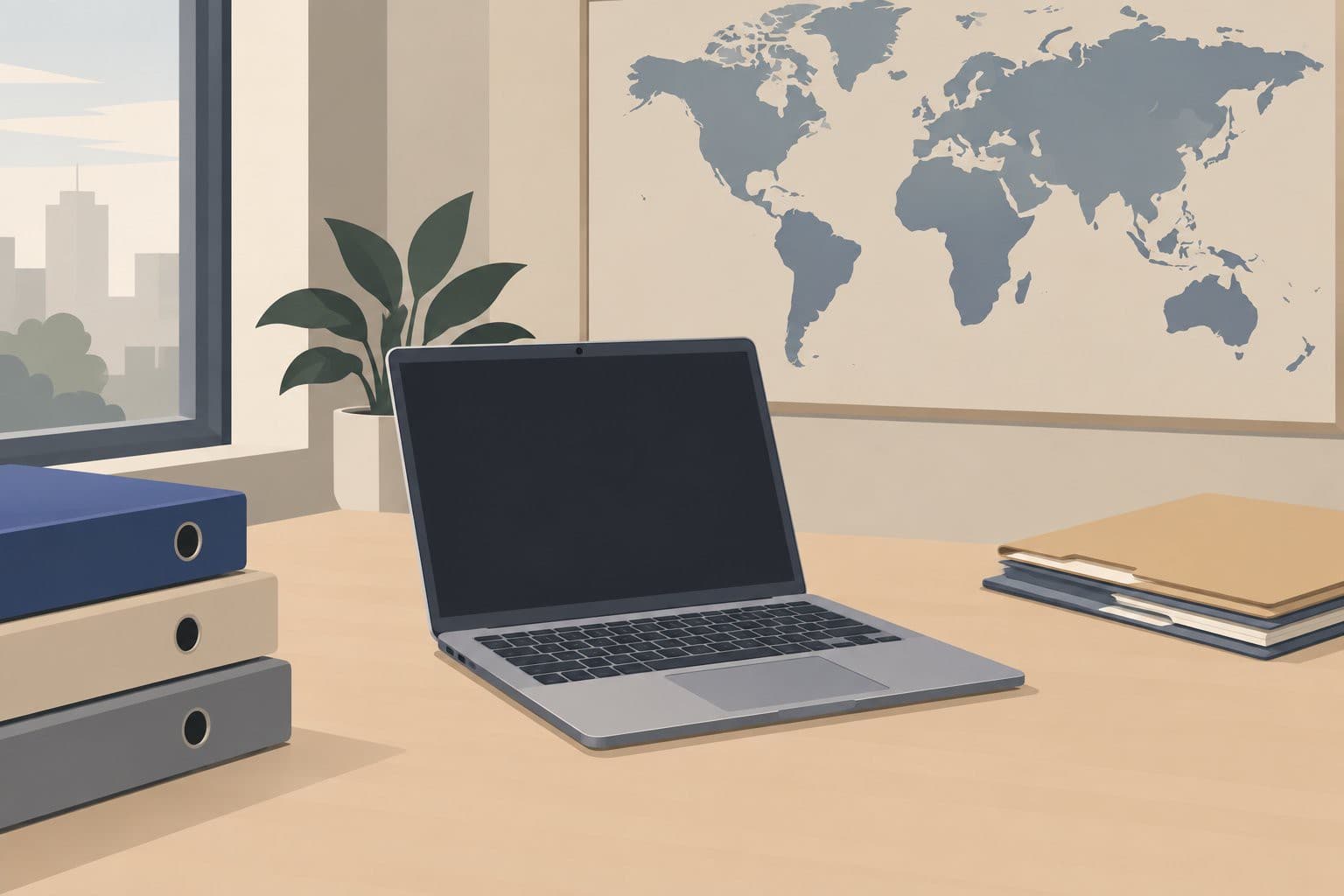 Ordinateur portable fermé sur un bureau, dossiers rangés, carte du monde muette au mur.