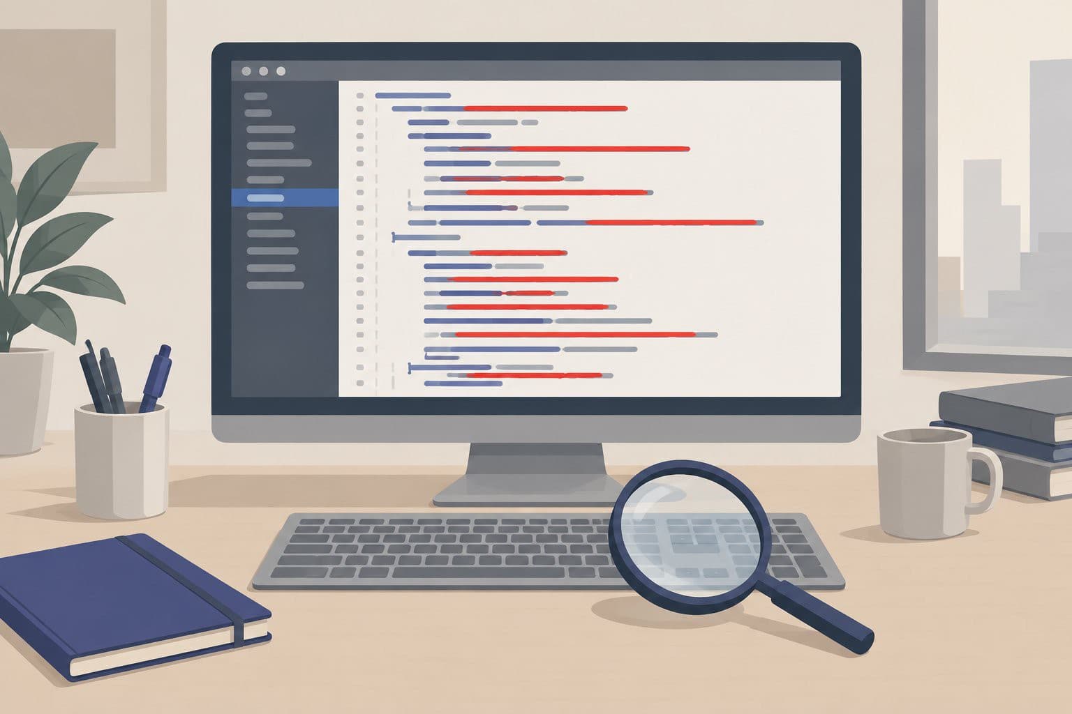 Écran de code avec lignes barrées en rouge, loupe posée sur un bureau.
