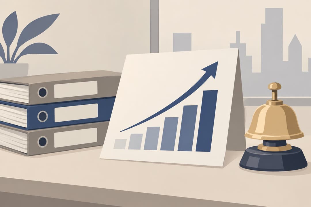 Graphique ascendant, dossiers financiers reliés et une cloche de bourse stylisée sur un bureau.