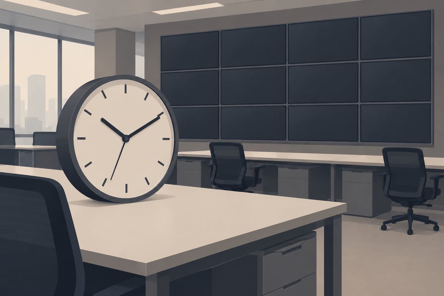 Horloge géante sur un bureau vide face à des écrans éteints.