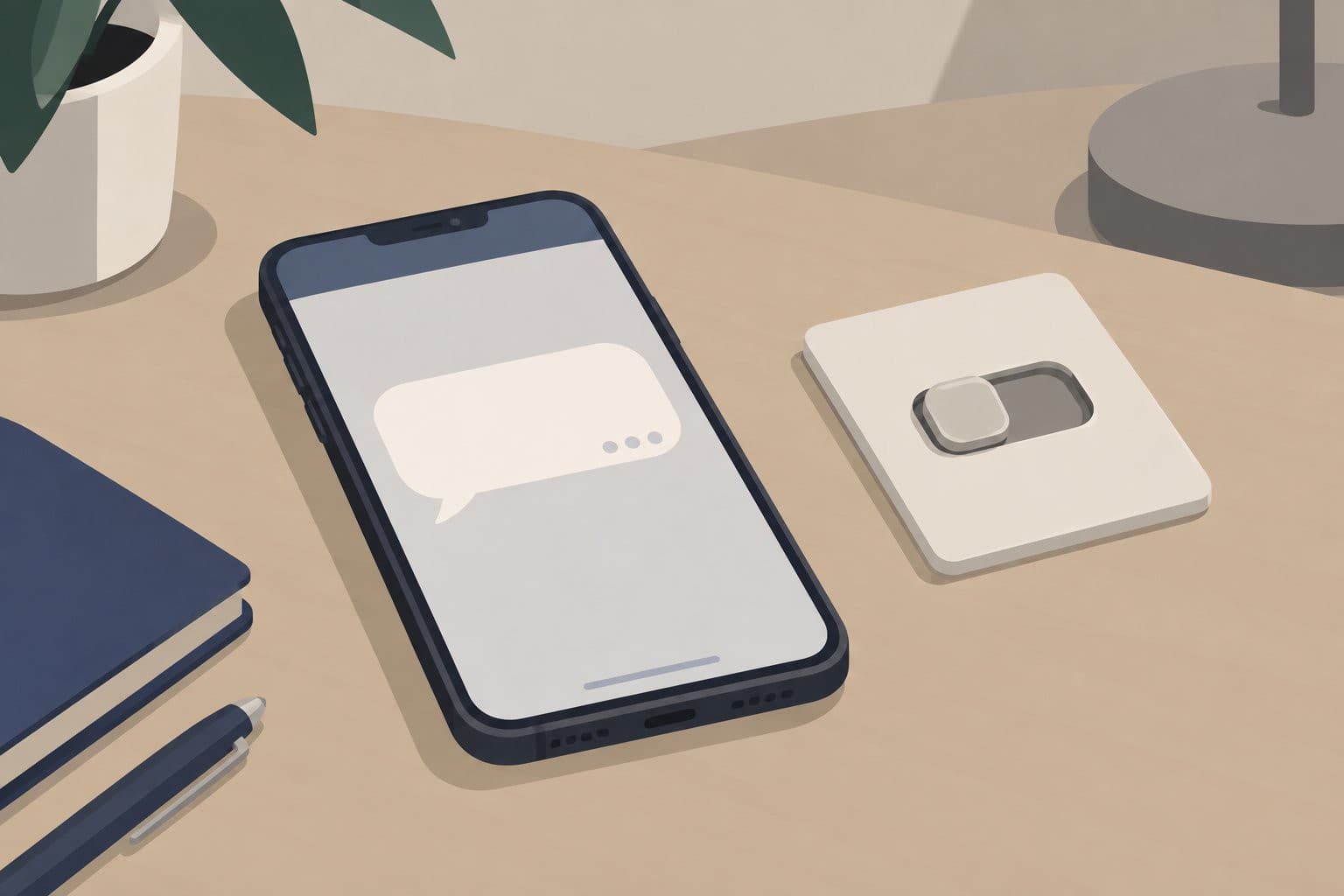 Smartphone avec bulle de dialogue vide et interrupteur coulissant fermé, sur un bureau.