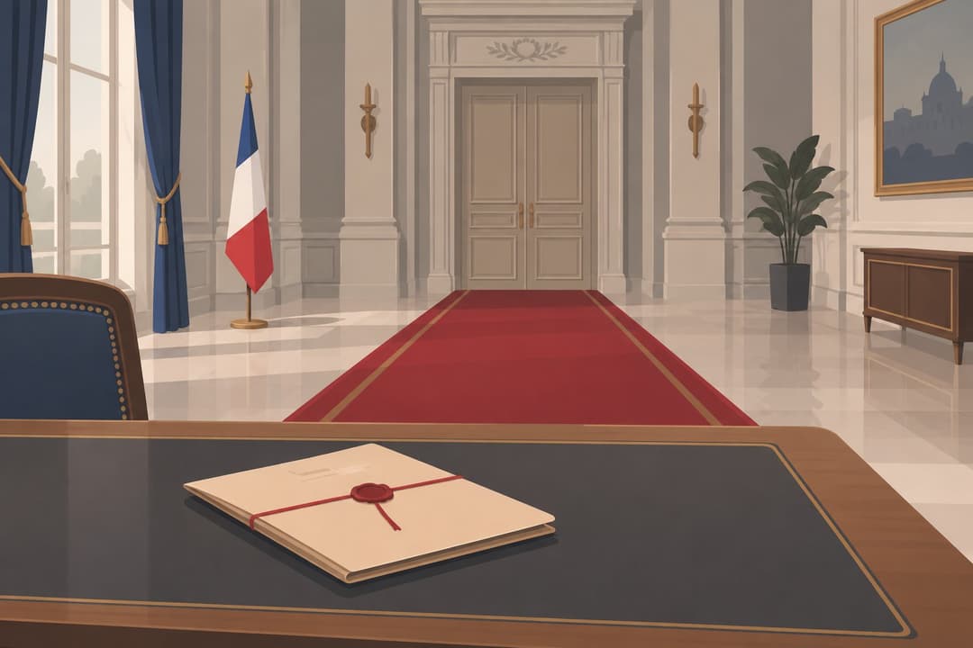 Bureau officiel vide, tapis rouge et dossier scellé sur une table.