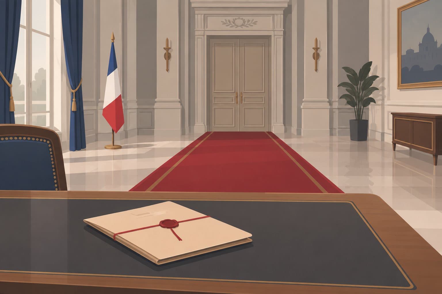 Bureau officiel vide, tapis rouge et dossier scellé sur une table.