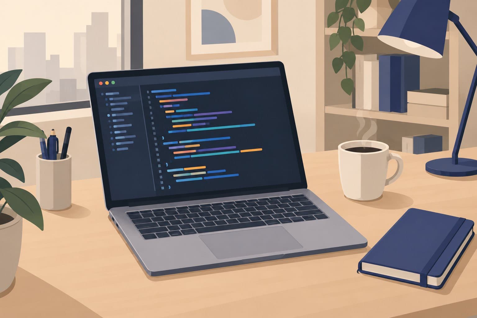 Ordinateur portable ouvert avec du code coloré à l'écran, tasse de café posée à côté.