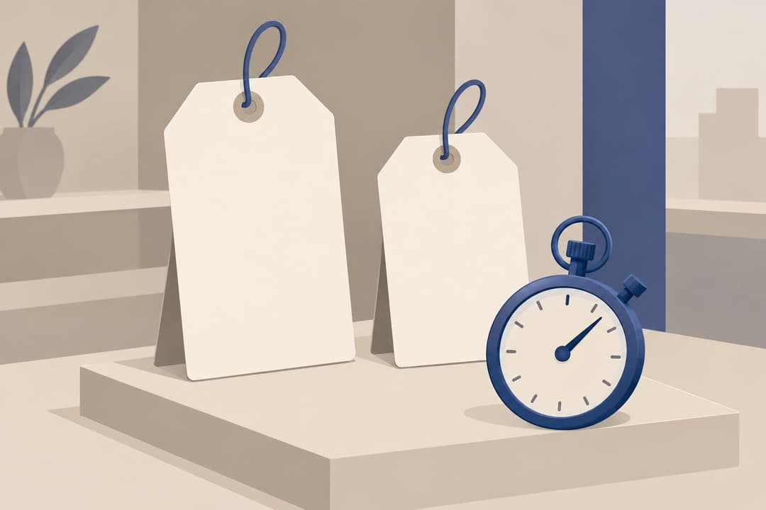 Deux étiquettes de prix vierges côte à côte, un chronomètre devant elles.