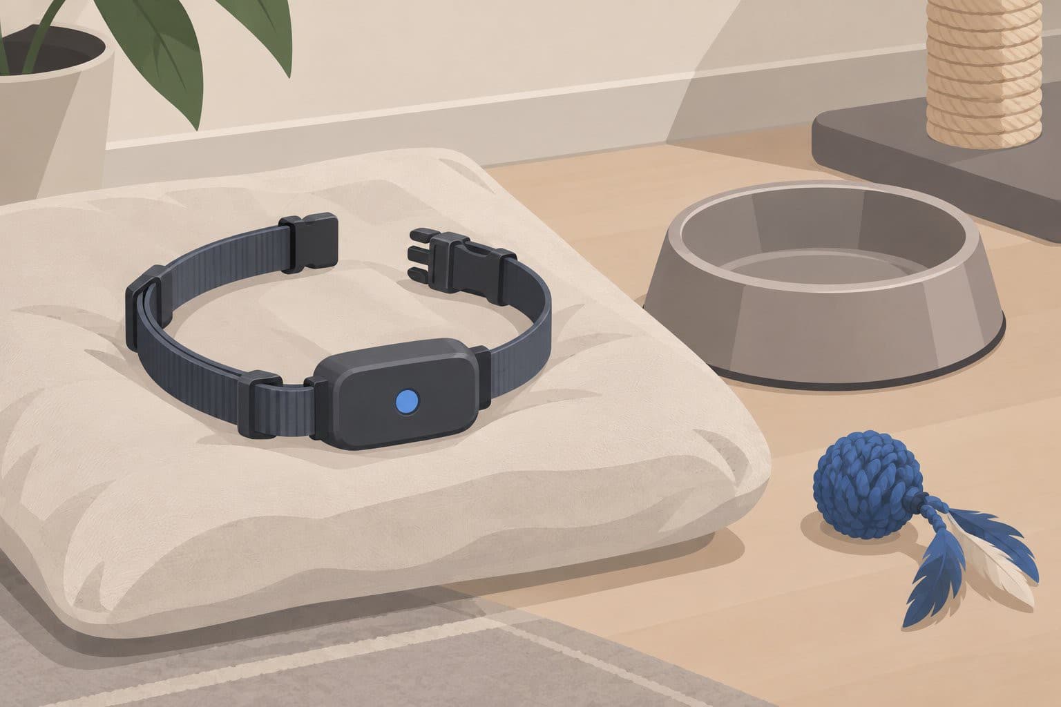 Un collier connecté avec boîtier lumineux posé près d'une gamelle vide.
