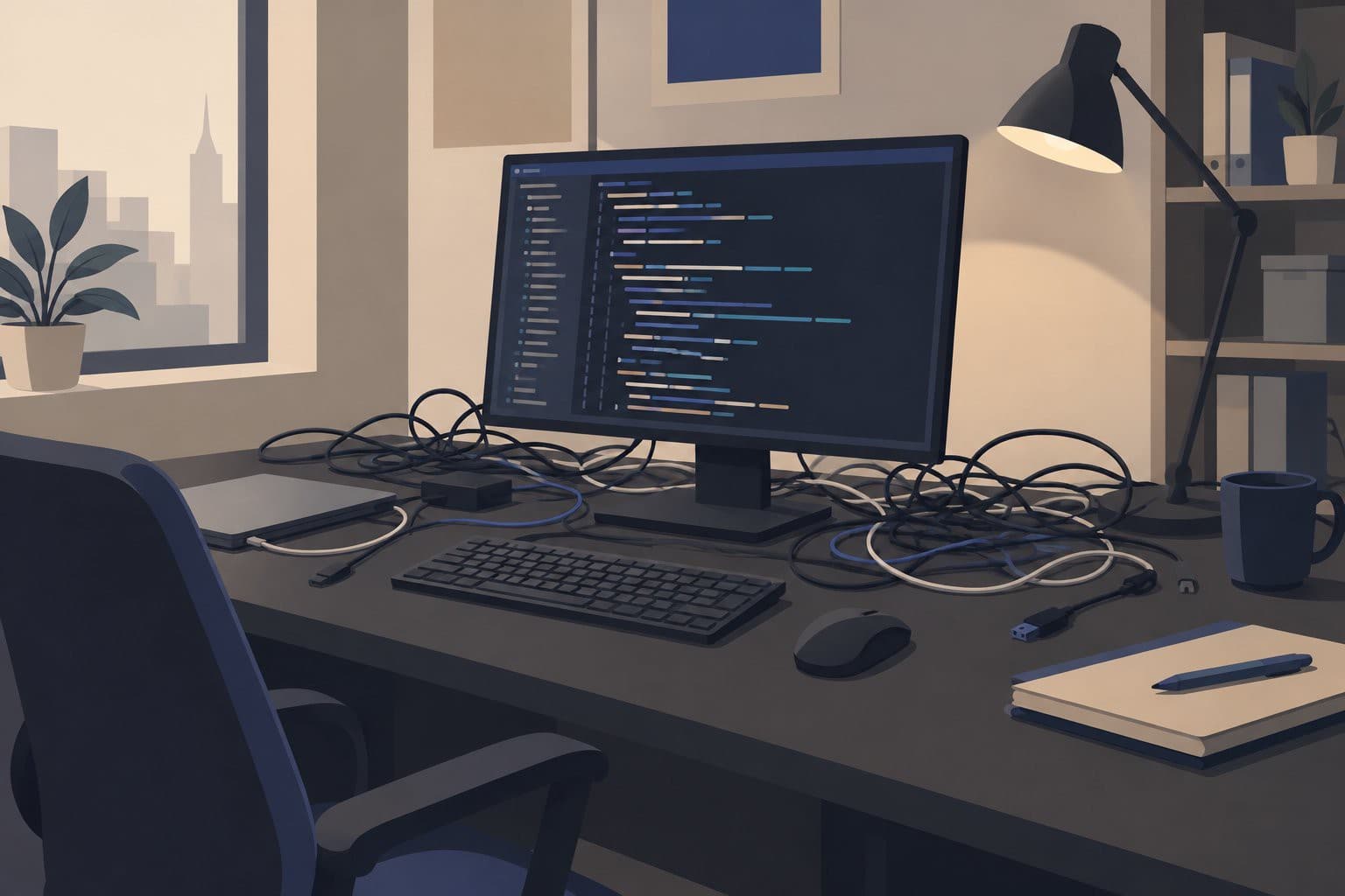 Un écran d'ordinateur allumé montrant du code, dans un bureau vide et sombre.