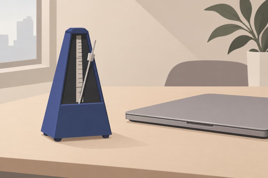 Un metronome a l'aiguille ralentie devant un ordinateur portable ferme.