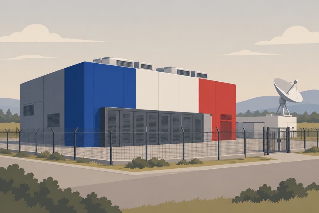 Datacenter aux couleurs françaises entouré d'un grillage, antenne satellite pointant vers le ciel.