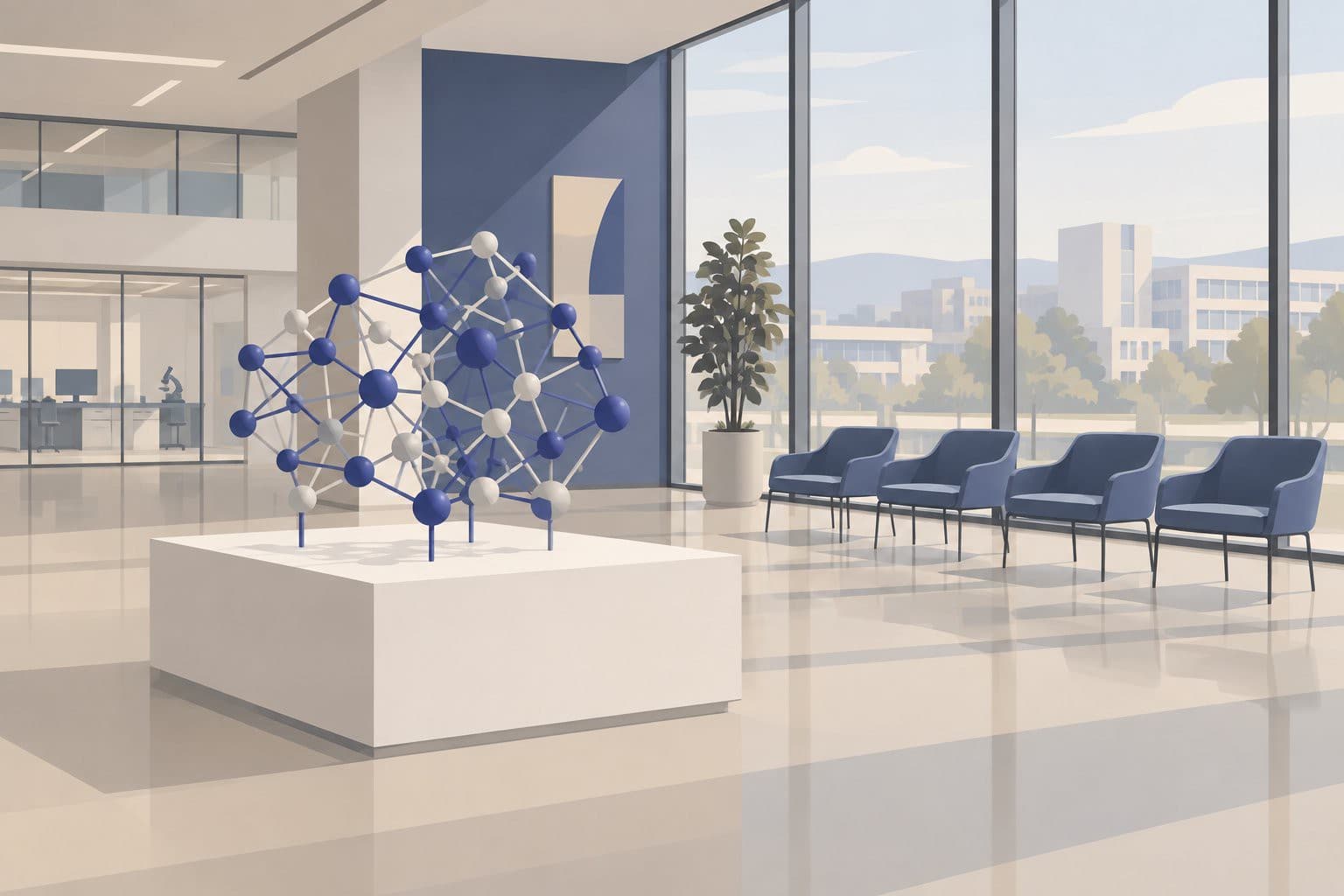 Hall de recherche vitré avec une maquette abstraite de réseau neuronal sur un socle.