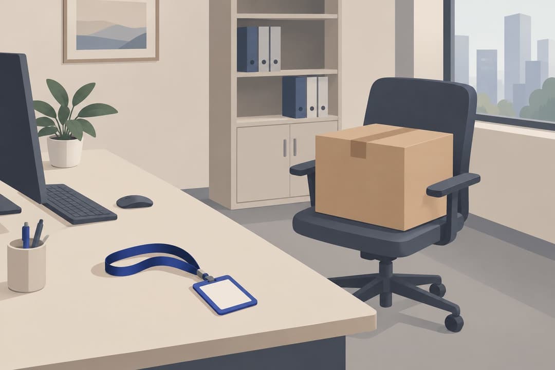 Bureau vide, carton fermé sur une chaise, badge retourné sur la table.