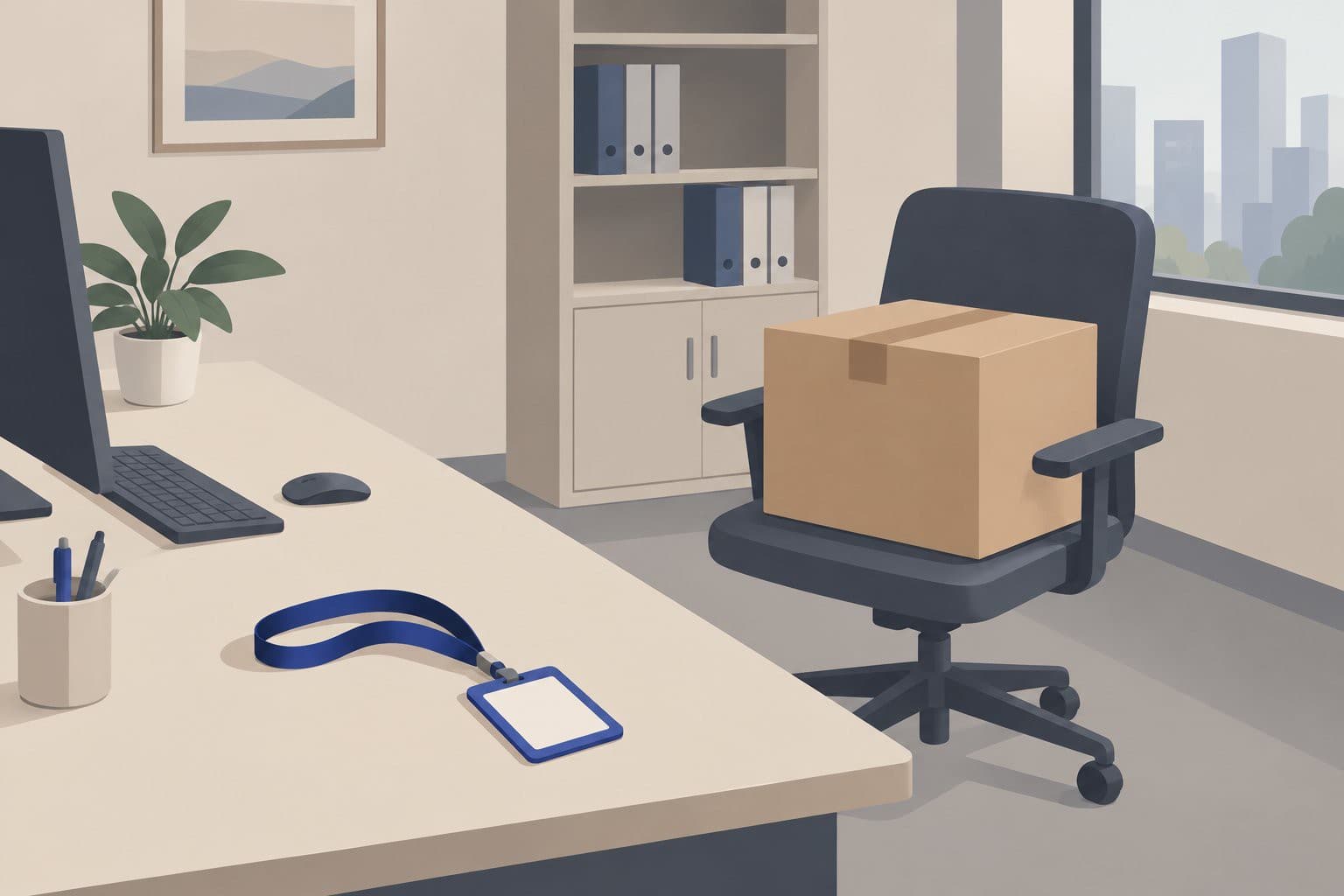 Bureau vide, carton fermé sur une chaise, badge retourné sur la table.