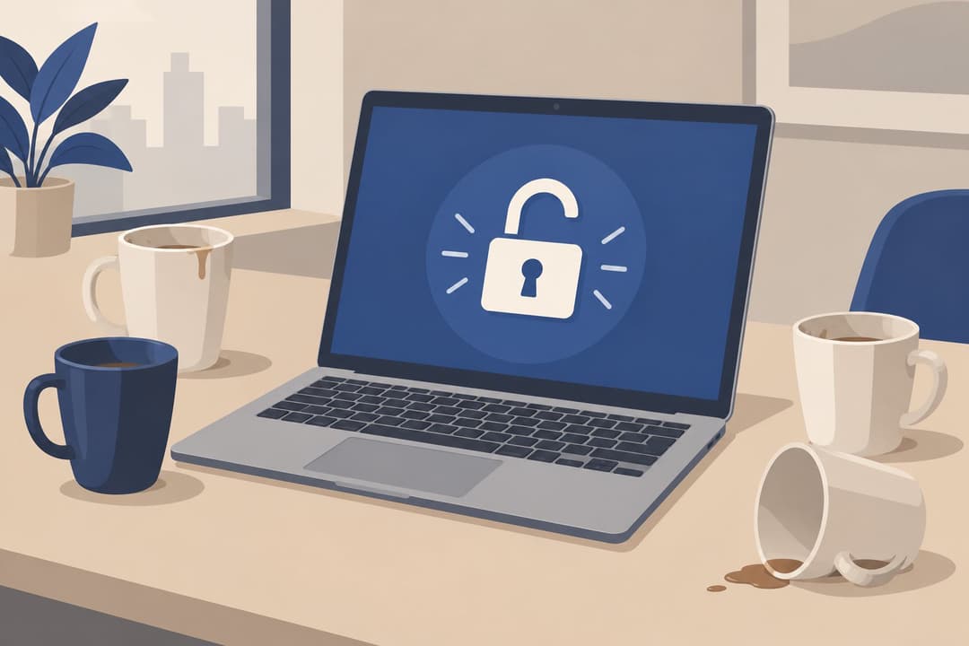 Ordinateur portable avec cadenas ouvert à l'écran, sur un bureau désert.