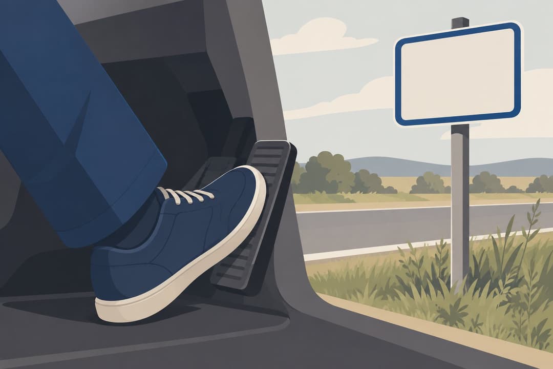 Un pied appuyant sur une pédale d'accélérateur près d'un panneau routier vierge.