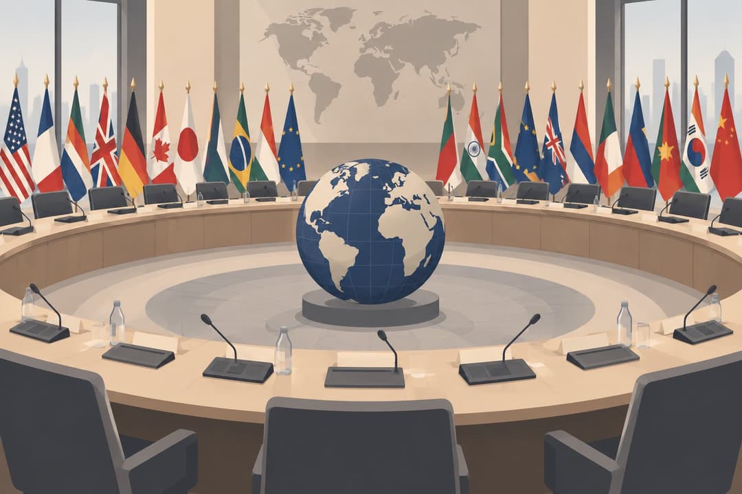 Salle de conférence de l'ONU vide, drapeaux dressés autour d'une table en arc de cercle.