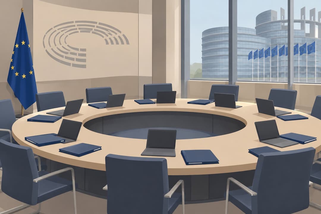 Table ronde vide avec drapeau européen et dossiers fermés dans une salle institutionnelle.