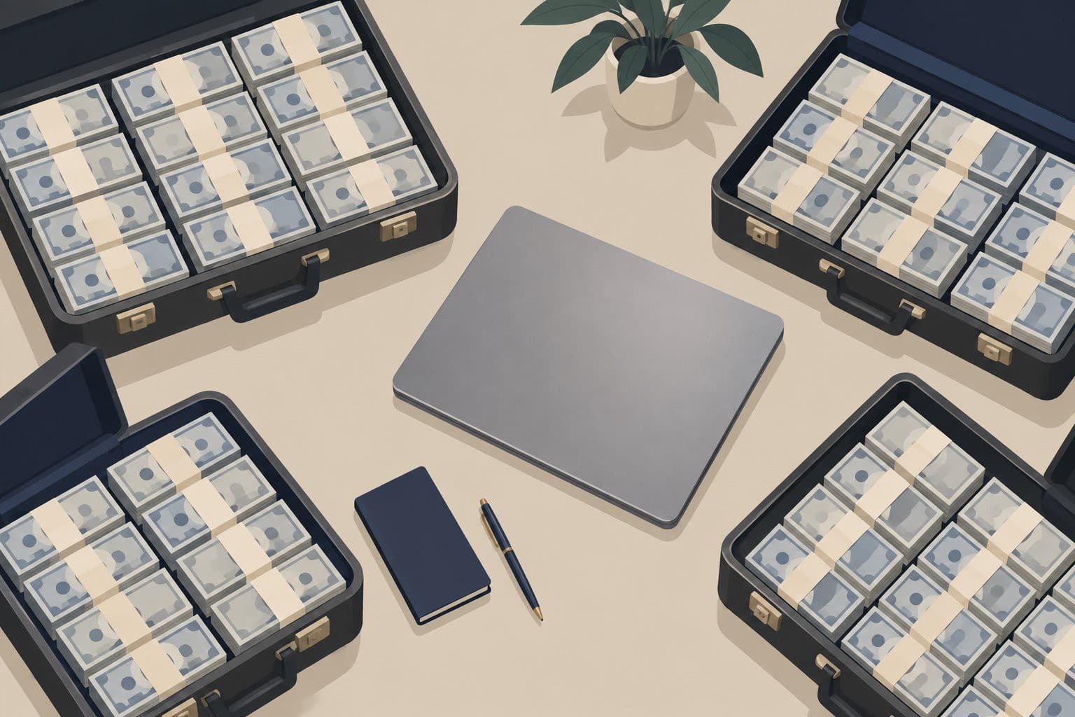 Mallettes de billets disposées en cercle autour d'un ordinateur portable fermé.