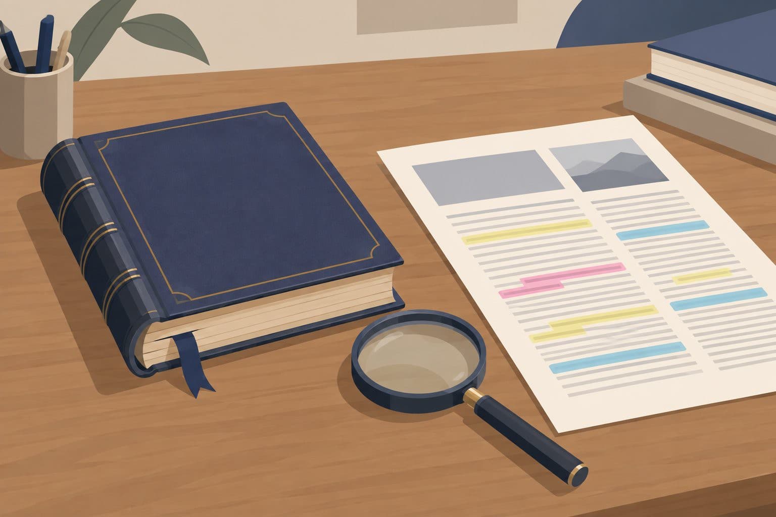 Manuscrit relié, loupe et feuille surlignée de couleurs sur une table en bois.