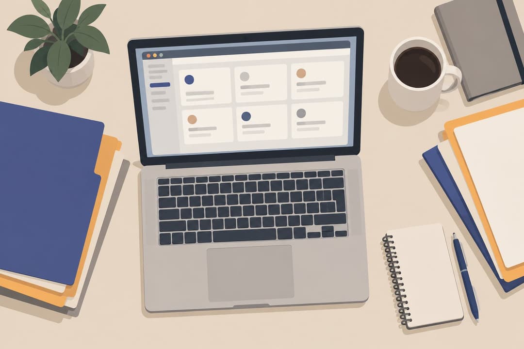 Bureau avec ordinateur portable, cartes de projet vierges à l'écran et dossiers colorés.