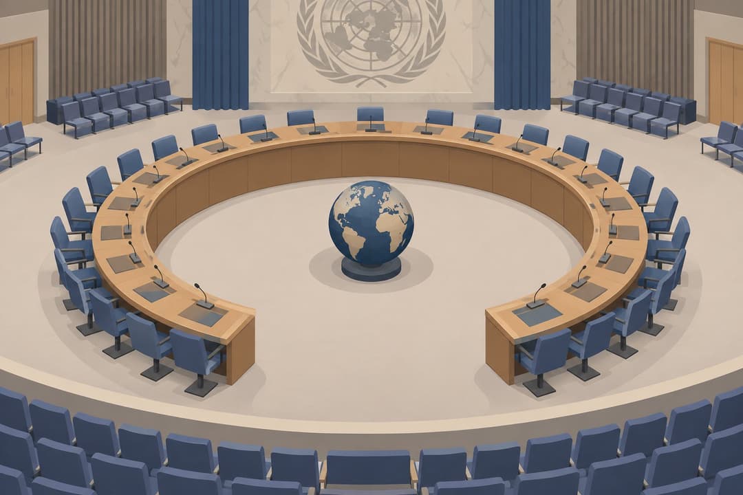Salle du Conseil de sécurité de l'ONU vide, table en fer à cheval, globe terrestre au centre.