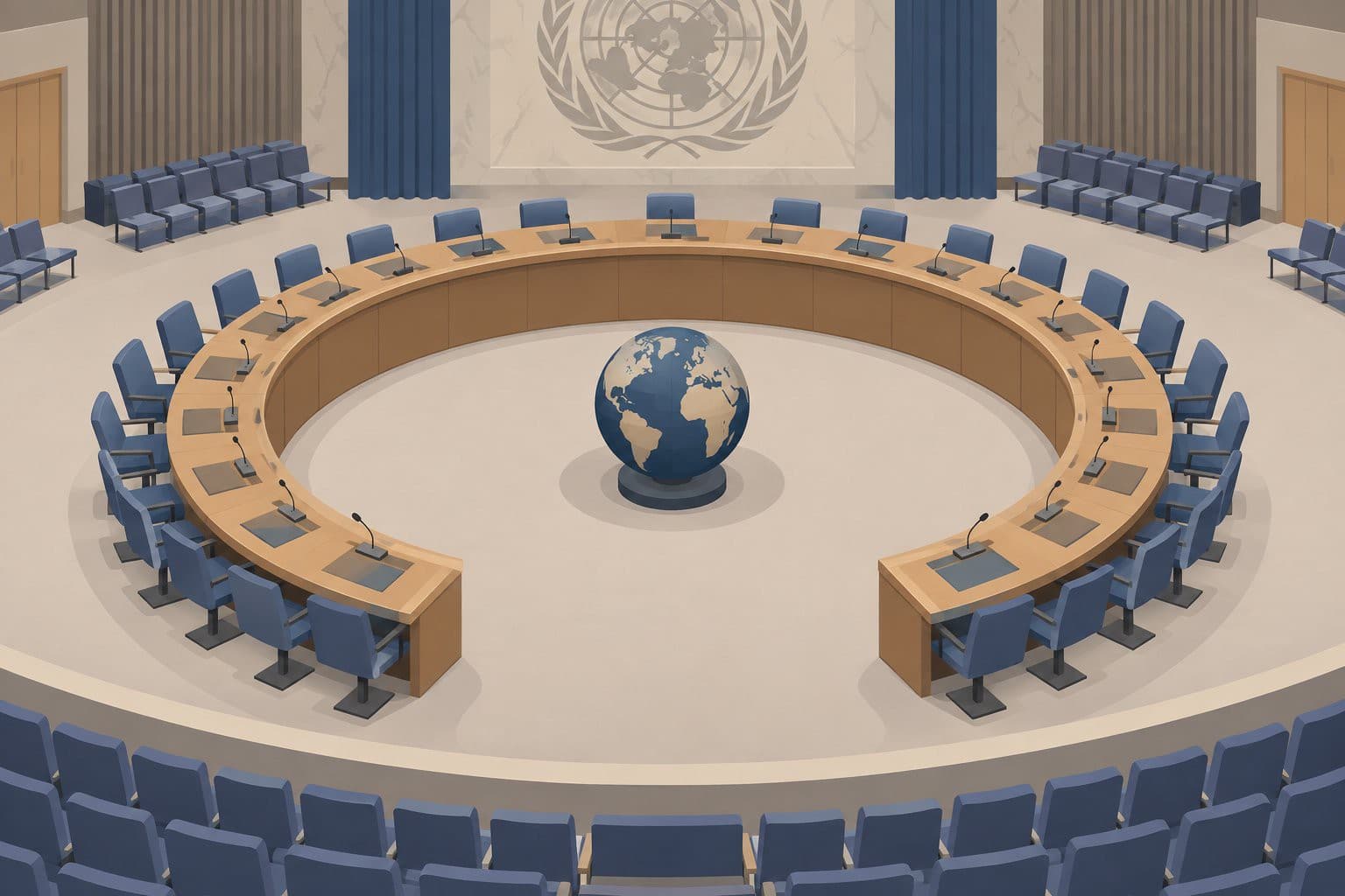 Salle du Conseil de sécurité de l'ONU vide, table en fer à cheval, globe terrestre au centre.