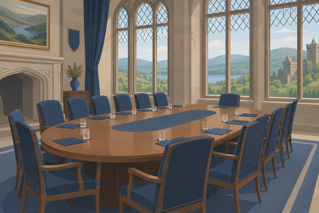 Table ovale vide dans une salle de château, fenêtres sur collines écossaises.
