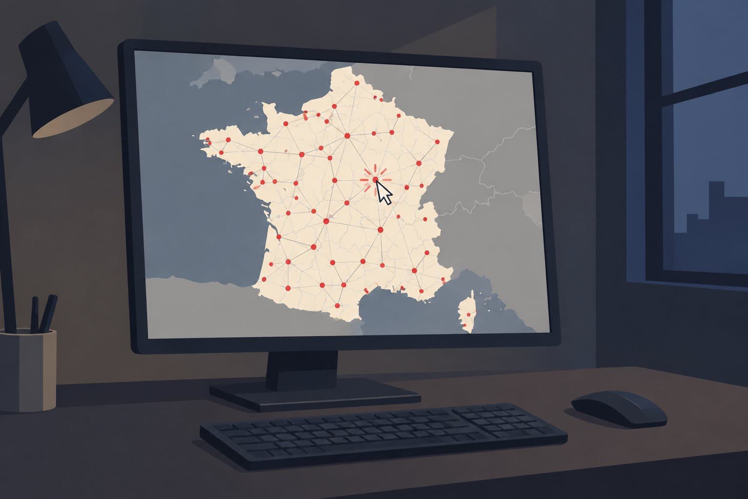 Écran affichant une carte de France avec des points rouges connectés, pièce sombre.